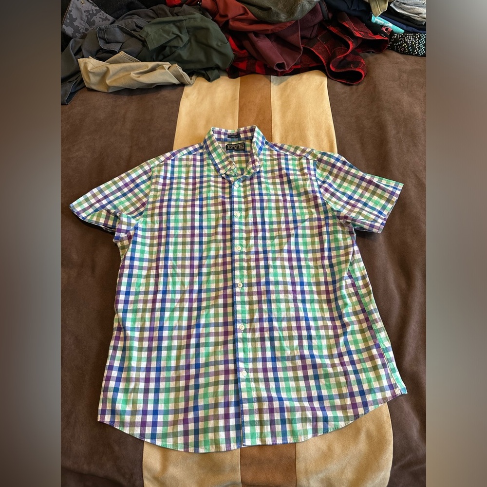 Hawker Rye men’s XL purple and green gingham short sleeve button down